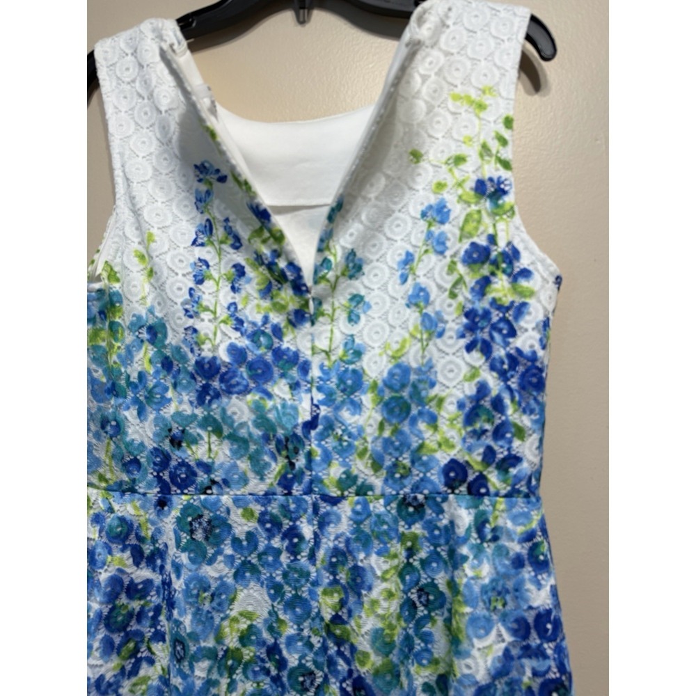 Dress Studio One Sz 12 Women's White Blue Floral Scoop Neck A-Line Textured Lace - Picture 5 of 6